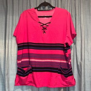 Vibrant Pink Striped Women's Scrub Top with Lace-Up Detail